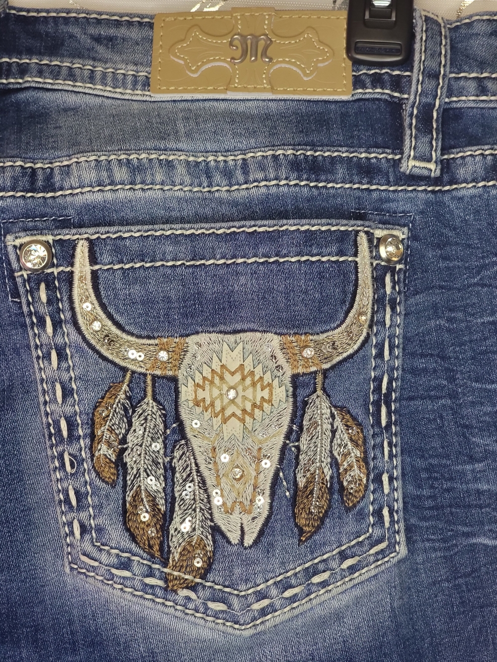 Miss Me Western Bootcut Jeans Size 31 Embroidered Cow Skull Stretch Bling - Picture 4 of 15